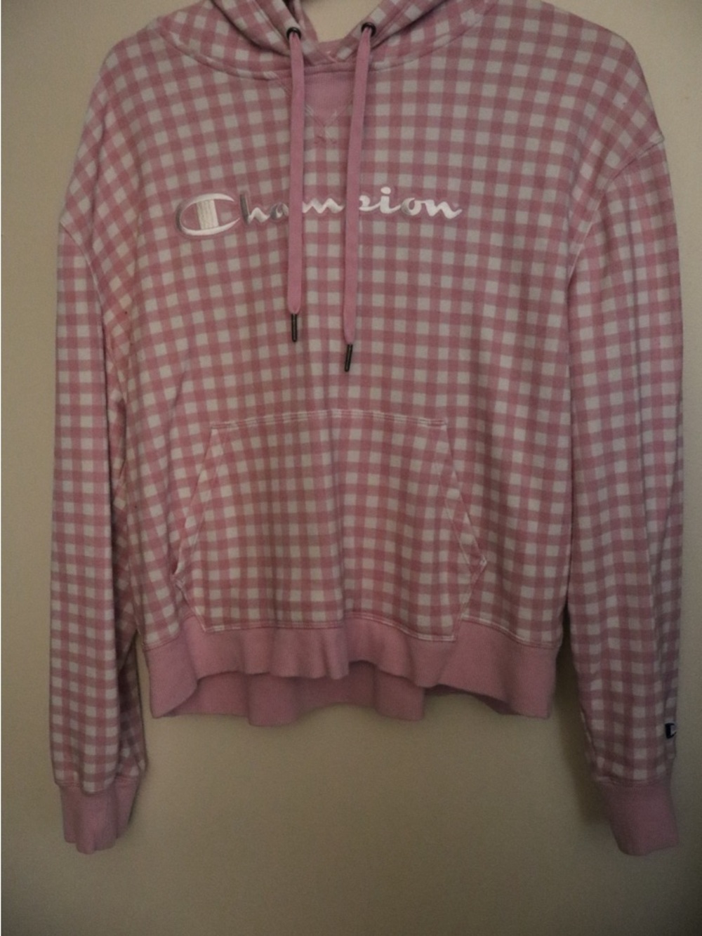 Pink Champion hoodie with white and pink gingham pattern, size XL
